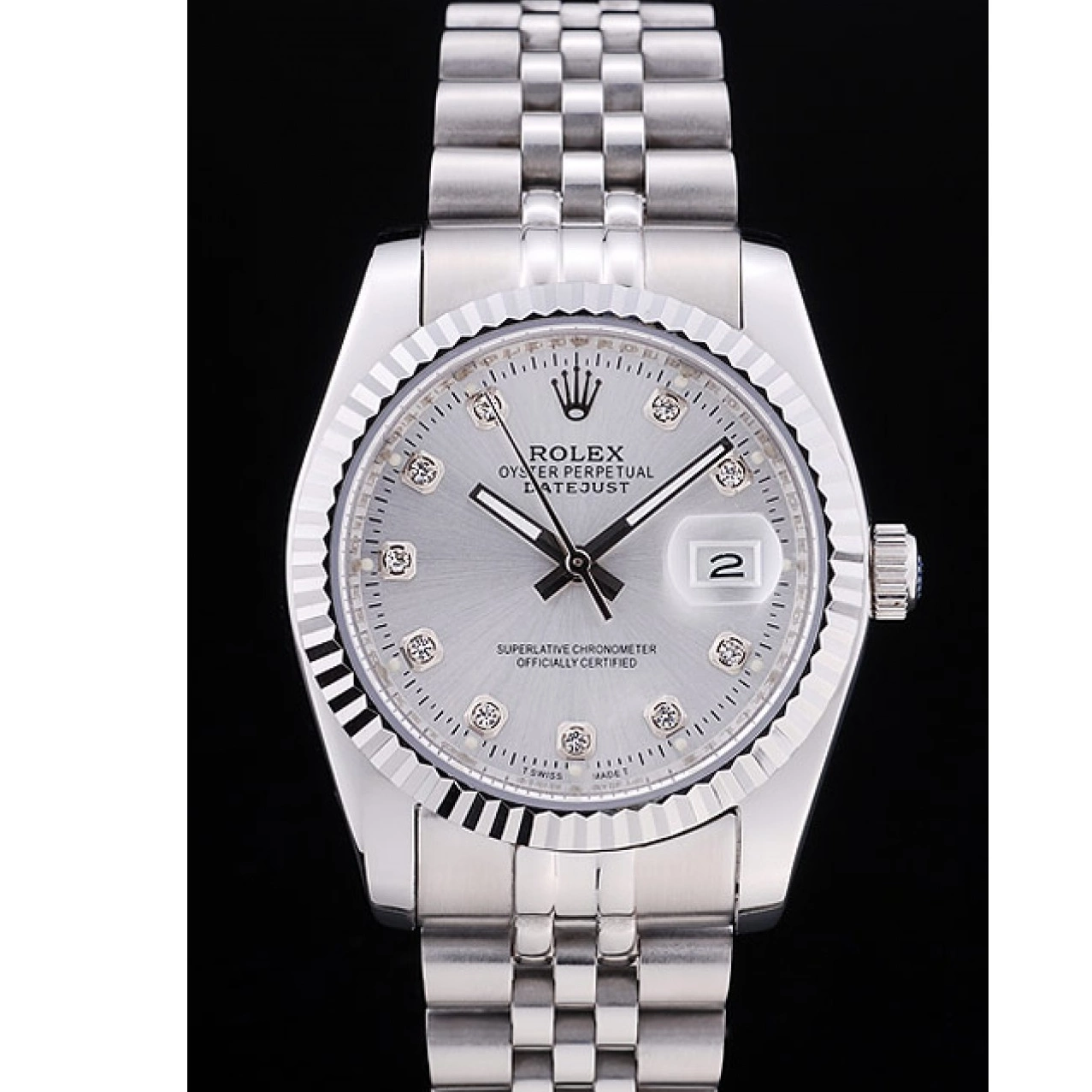 Aaa replica Datejust Dial Silver Diamonds Rolex 7455 Bezel Ribbed 0613